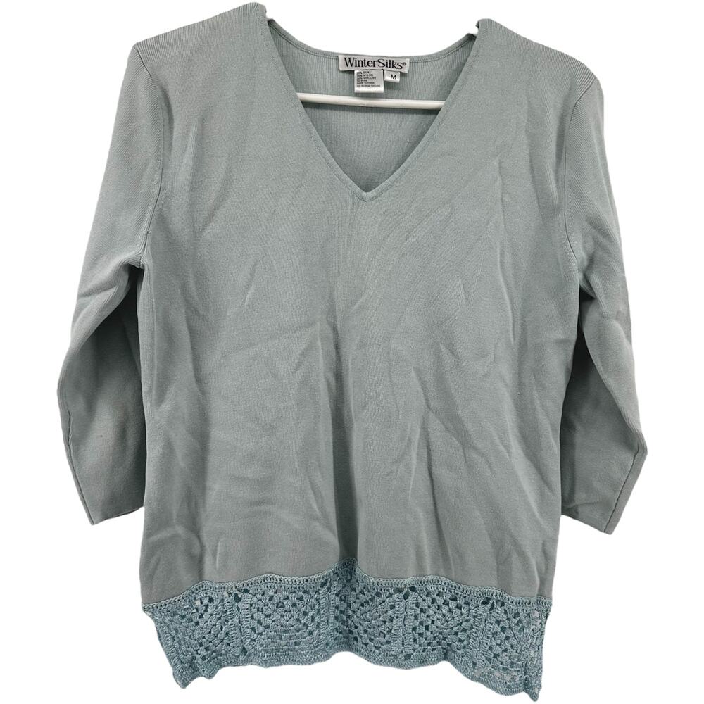 WinterSilks Sweater Silk V-Neck Crochet Hem Knit Silk Blue Medium